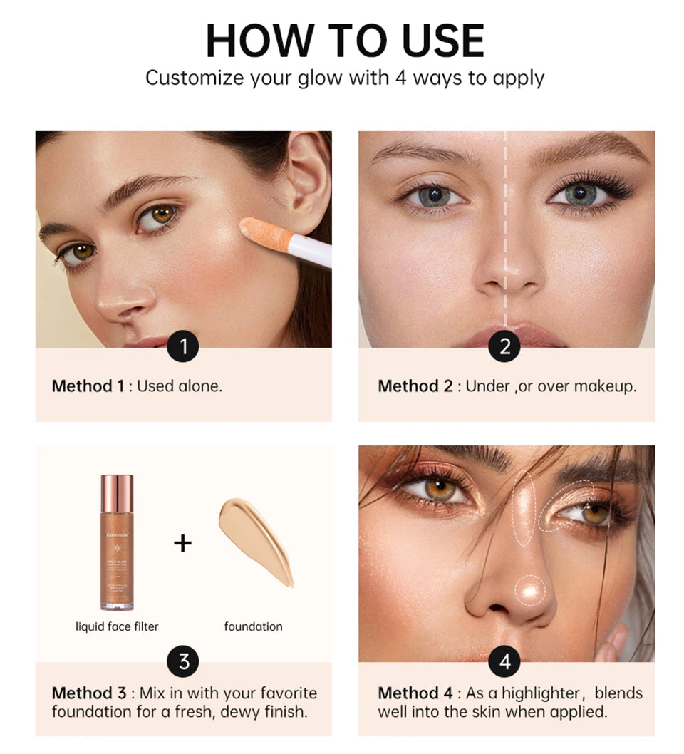 Enlumineur Liquide pour le Visage, Contouring, Illuminateur Pailleté, Illuminateur de Teint, Bronzer, Éclat pour Corps et Visage